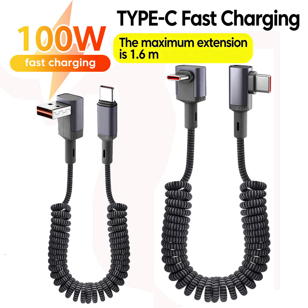 เอลลี่ 90° ข้อศอก 100W รถ Type C ถึง Type C Fast ชาร์จสายสปริงสําหรับสมาร์ทโฟนแล็ปท็อป 66W USB A ถึง Type C สําหรับ Power Bank 1.6M Max