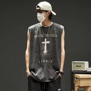 [ส่งไวจากไทย] วินเทจอเมริกัน สูง ถนน ผู้ชายสีดําพิมพ์เสื้อกล้ามระบายอากาศ สตรีทแวร์ สําหรับวัยรุ่น