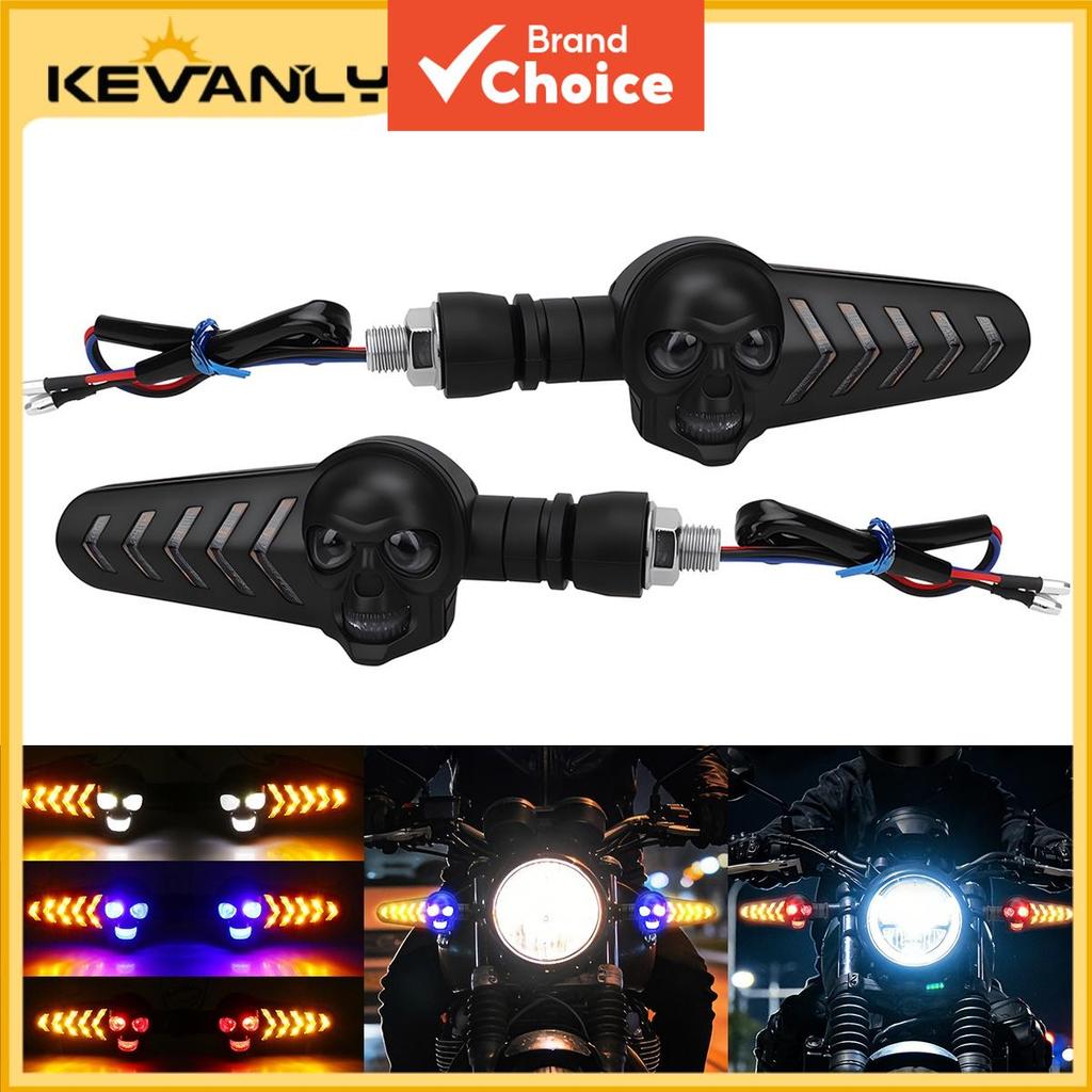 KEVANLY ไฟสัญญาณเลี้ยวรถจักรยานยนต์ 2 ชิ้น รูปหัวกะโหลก มีไฟลูกศรแสดงสถานะ 2 สี 12V