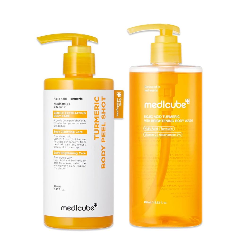 Medicube Kojic Acid Brightening Body Care Duo: ขมิ้นชัน Body Peel Shot และ Kojic Acid Body Wash | เพื่อความกระจ่างใส ขัดผิวด้วยกลิ่นซิตรัสสําหรับ Fresh Shower Routine