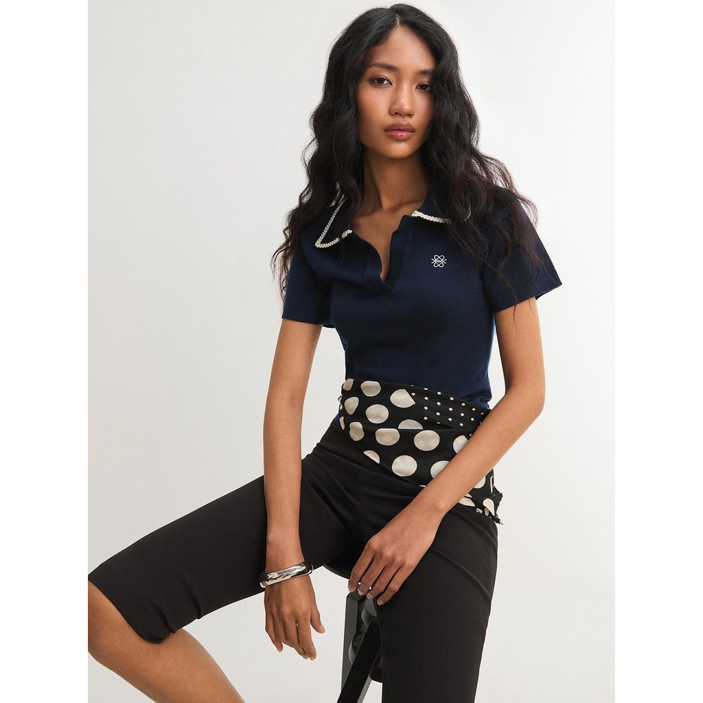 [Pomelo] เสื้อไหมพรมคอปกแต่งขอบสีตัดกัน / Contrast Trim Collared Knit Top