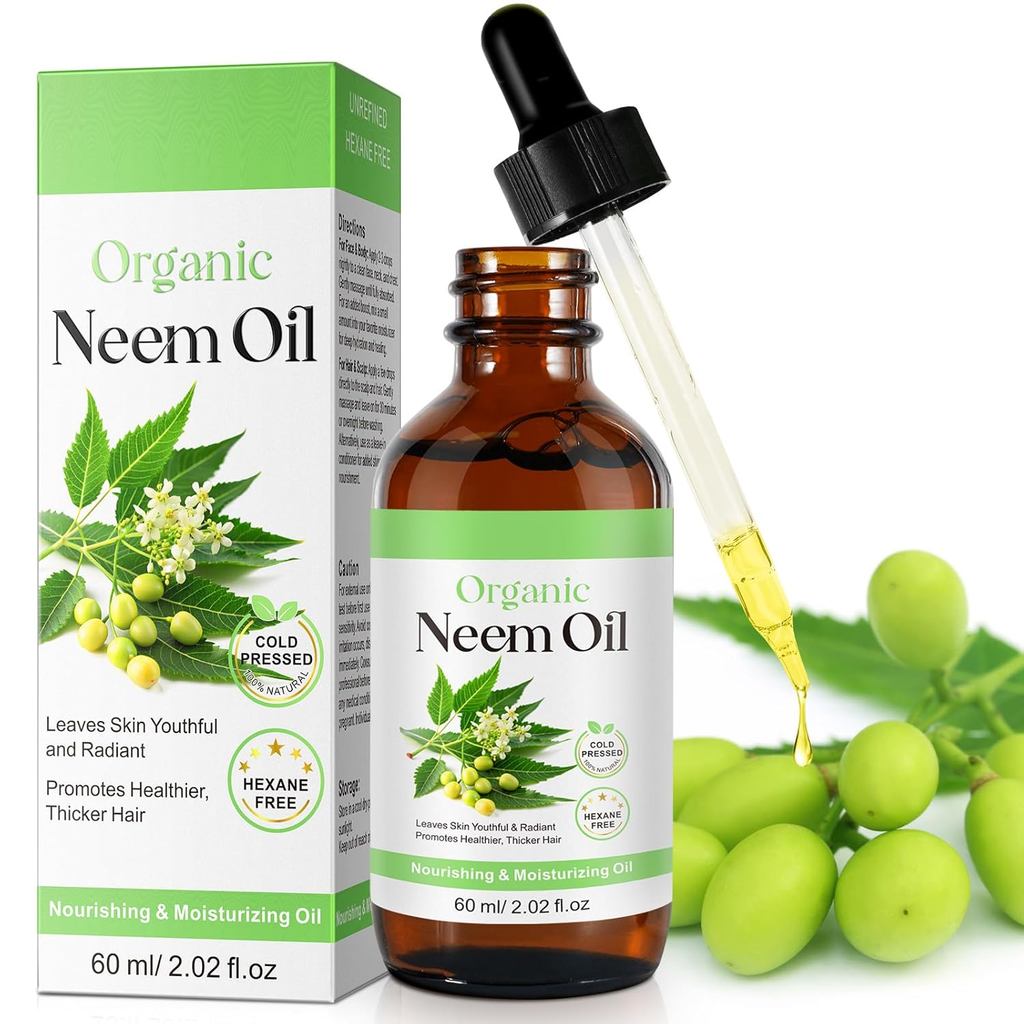 Neem Oil 2.02 fl.oz, น้ํามันสะเดาสําหรับผิวและผม, บริสุทธิ์ 100% Natural Cold Pressed Unrefined Virg