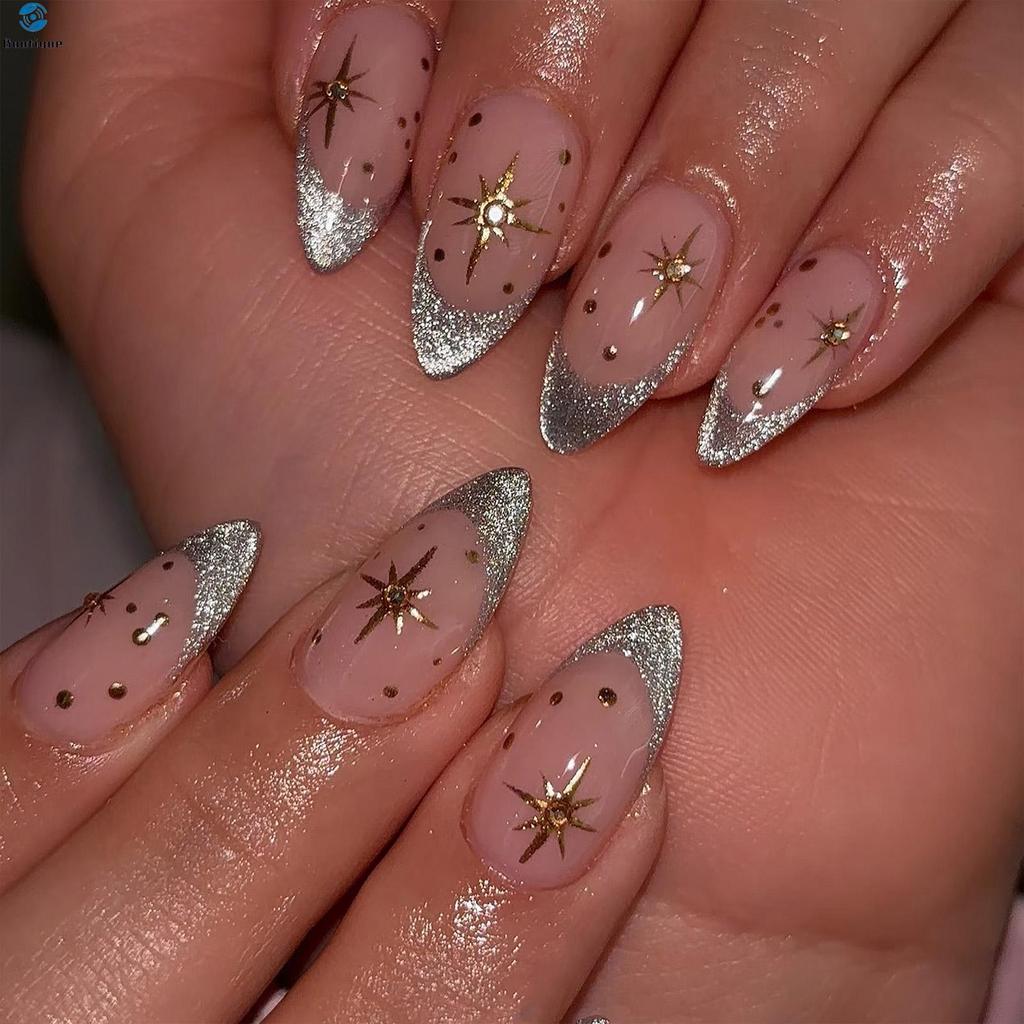 Golden Starry French Cat-Eye Almond เล็บปลอม 24 ชิ้นดีไซน์หรูหราสําหรับผู้หญิง