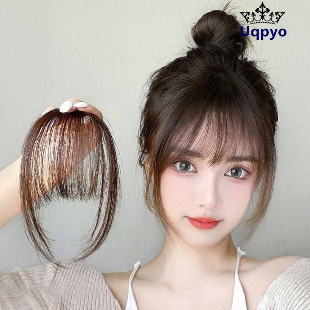 UQPYO Air Bangs Hairpiece,สีดําสีน้ําตาลสําหรับสาว Mini Fake Bangs, ผู้หญิงสังเคราะห์ Hairpiece Exte