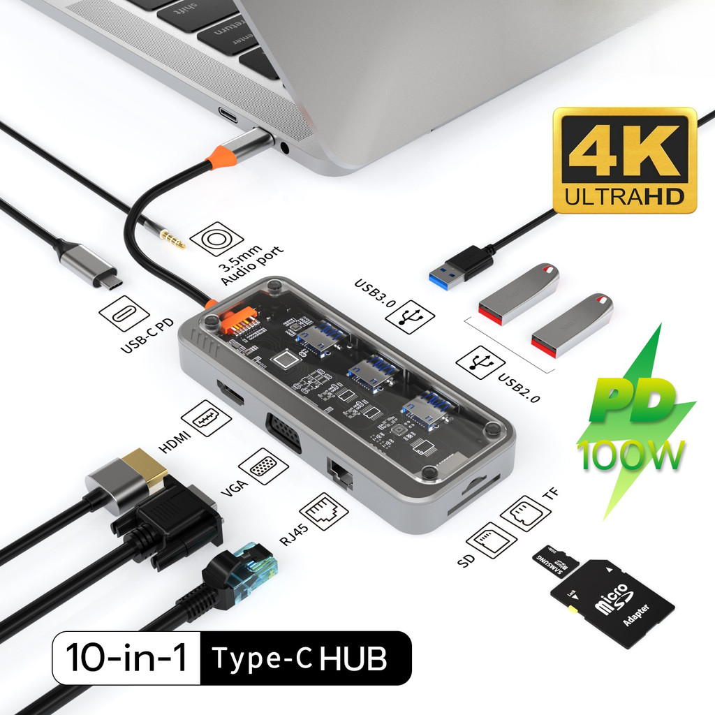 พร้อมจัดส่ง ZTEC ZH831 HUB 8 in 1 USB-C 100W ,HDMI 4K,LAN 1Gbps,USB-A USB 3.2 Gen 1x1,SD Card,Micro-