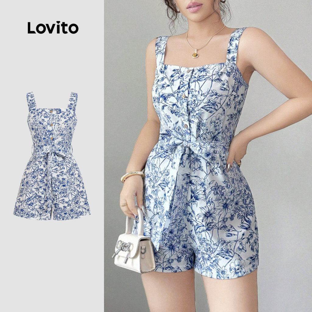 Lovito จั๊มสูทผู้หญิงเรียบง่ายสําหรับฤดูใบไม้ผลิ/ฤดูร้อนพร้อมเข็มขัด L165ED1311