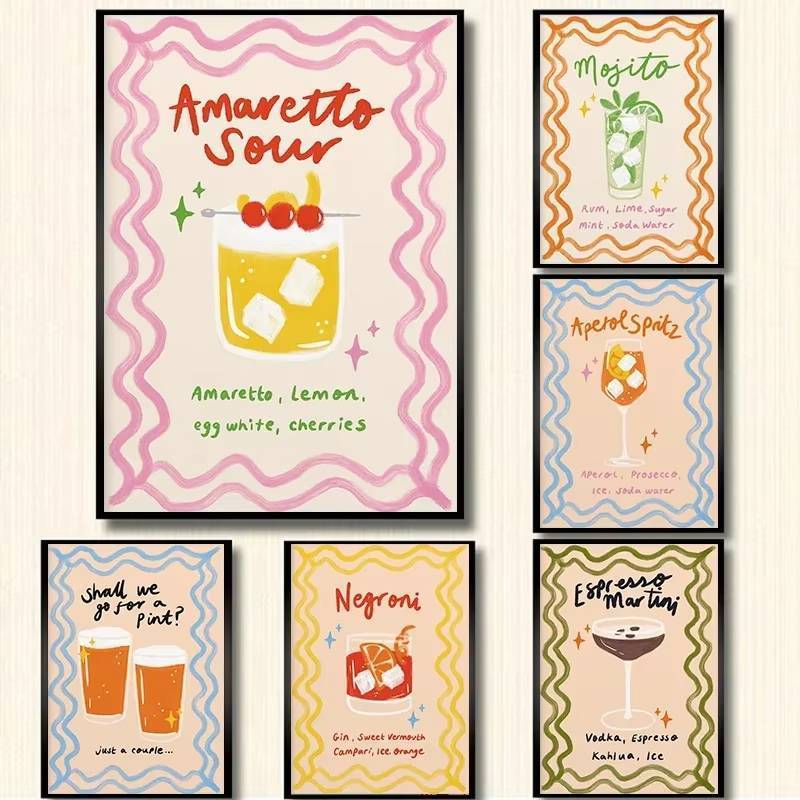 บทคัดย่อเครื่องดื่มค็อกเทลโปสเตอร์เผ็ด Margarita Mojito Negroni ภาพวาดผ้าใบ Wall Art สําหรับห้องนั่ง