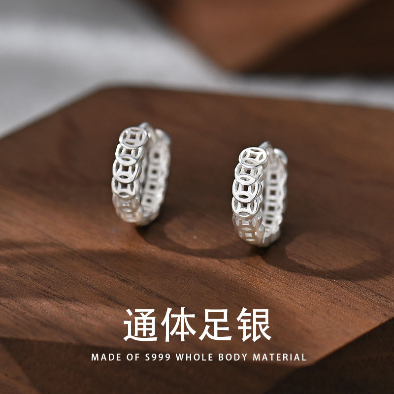 แห่งชาติอินเทรนด์แนะนําส999เงินสเตอร์ลิงโชคดีลวดทองแดงหูหัวเข็มขัดหญิงซอกออกแบบต่างหูย้อนยุคโพรงเย็น