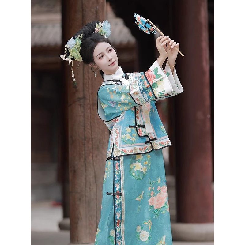 [Late Qing] Hanfu หญิง Qing Dynasty ชุดเจ้าหญิงตรวจสอบเสื้อผ้าพิมพ์เครื่องแต่งกายโบราณเสื้อกั๊ก Qing