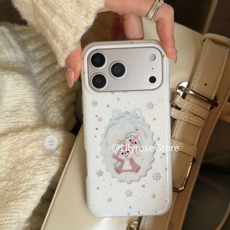 ประกายสีชมพูเกล็ดหิมะสีขาว Little Pine เมาส์สําหรับ iPhone iPhone 17ProMax 17Po 17 16ProMax 16Pro 16 15ProMax 15 14ProMax 14Pro 14 13ProMax 13Pro 13 ฤดูหนาวปลอกiPhone สาว