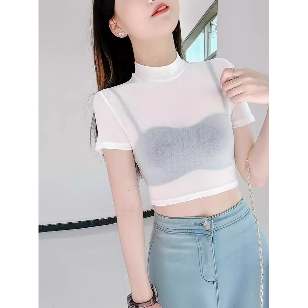 ครึ่งคอเต่าผ้ากอซทรายร่างกายเสื้อยืดผู้หญิงฤดูร้อนแน่นกระชับบางดูผ่านผ้ากอซ จุดต่ําสุด เสื้อครึ่งแขน