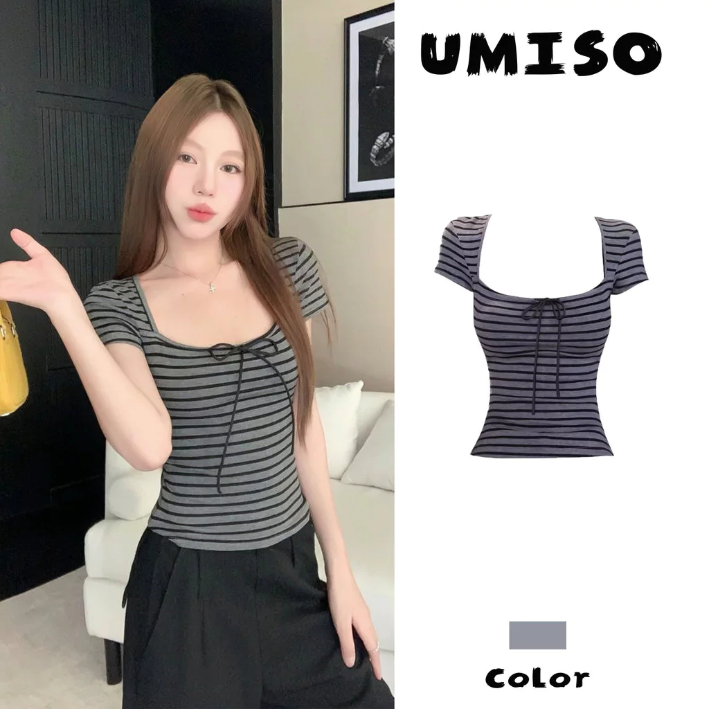 พร้อมส่ง ลายทางสีเทา เสื้อยืดผู้หญิง เซ็กซี่แฟชั่นผู้หญิง น่ารักๆ สไตล์เกาหลี ผ้ายืดนุ่ม ใส่สบาย