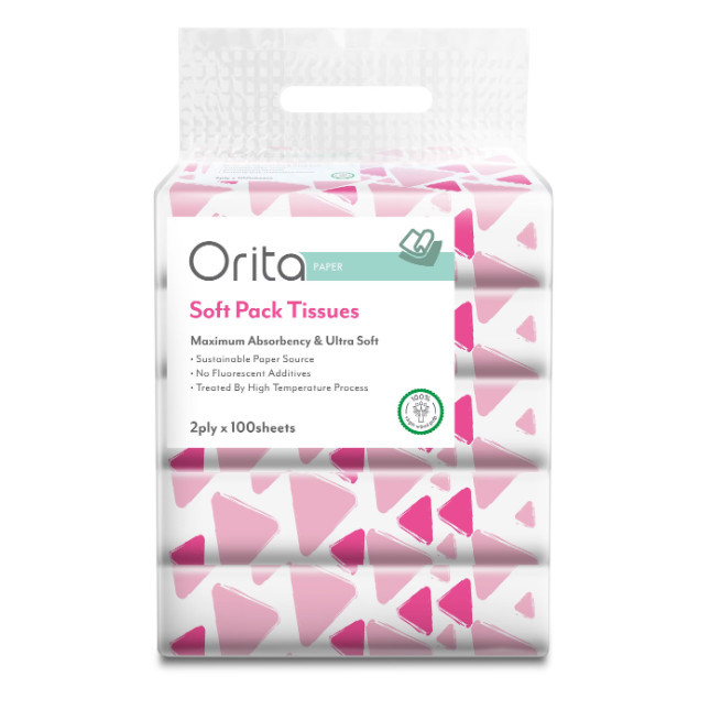 ทิชชู่ ORITA Soft Pack 2 ชั้น x 100 แผ่น x 5 แพ็ค - ดูดซึมสูงสุด & นุ่มพิเศษไม่มีสารเติมฟลูออเรสเซนต
