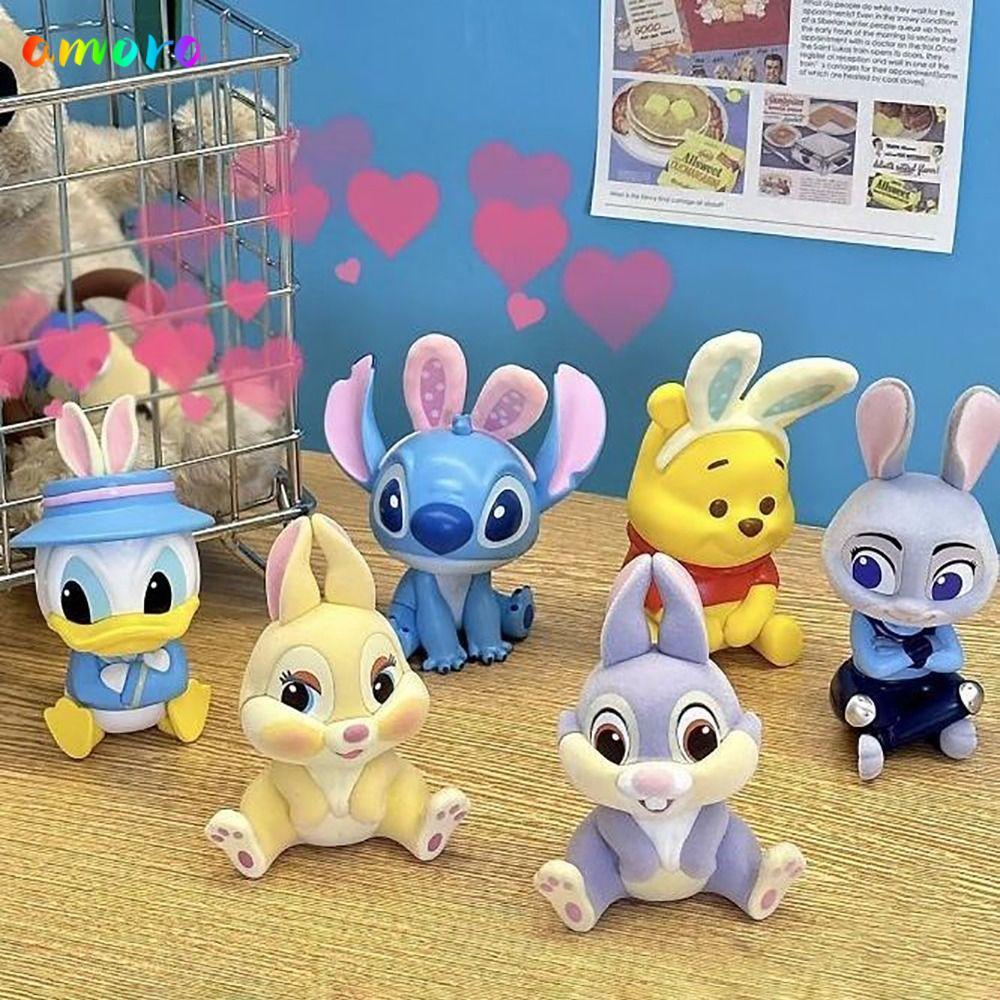 AMORA กล่องดิสนีย์ 6 ชิ้น, Stitch Donald Duck Where Is The Rabbit Series อะนิเมะรูป, น่ารัก PVC เดสก