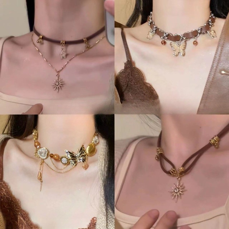 Vintage ประณีตผีเสื้อ Choker สร้อยคอผู้หญิง Maillard Sun จี้ Clavicle Chain เครื่องประดับ