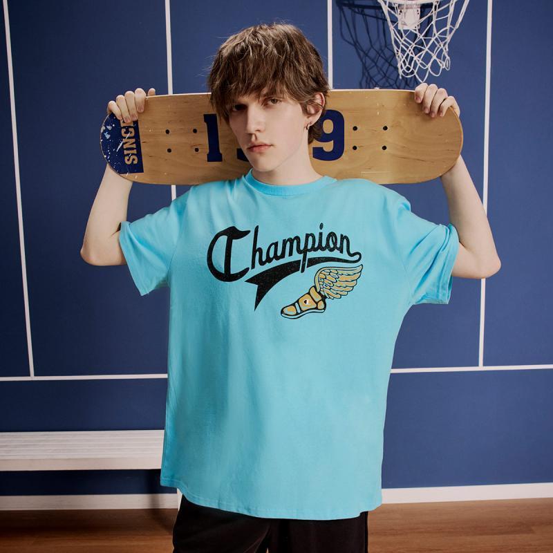 Champion ฤดูร้อนผู้ชายรอบคอแขนสั้นเสื้อยืด Offset พิมพ์รูปแบบตัวอักษร LOGO Casual All-Match