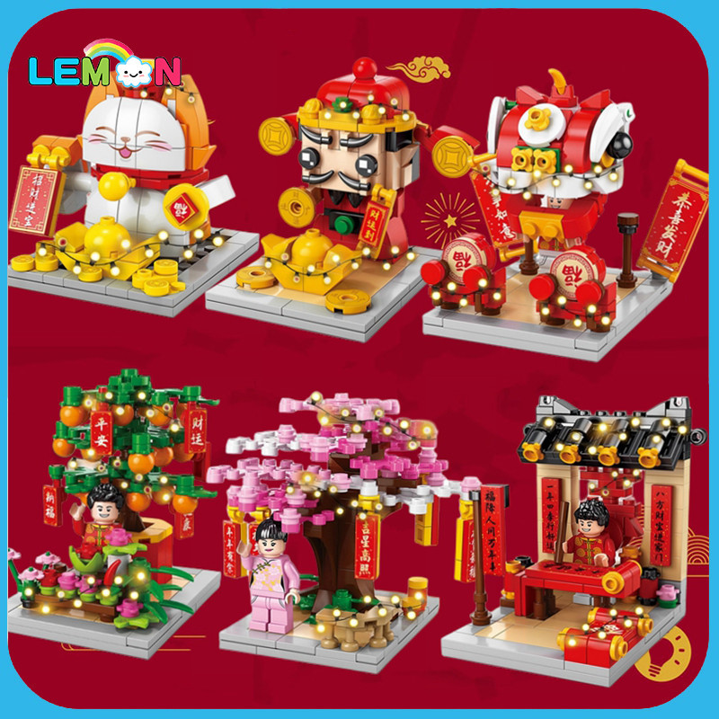 สไตล์จีนเทพเจ้าแห่งความมั่งคั่ง Maneki Neko Fortune God Building Blocks ชุด DIY ของเล่นเพื่อการศึกษา