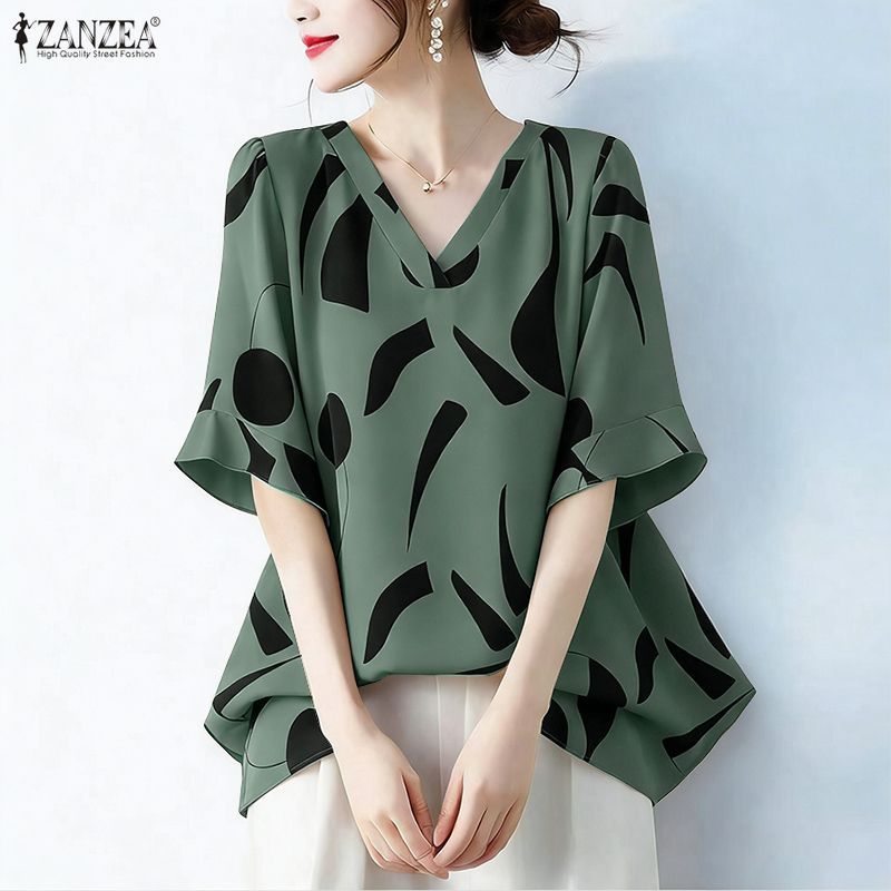 ZANZEA ผู้หญิงเกาหลี Elegant แฟชั่น Lady V คอ Ruffle แขนเรขาคณิตพิมพ์เสื้อชีฟอง — صورة 5
