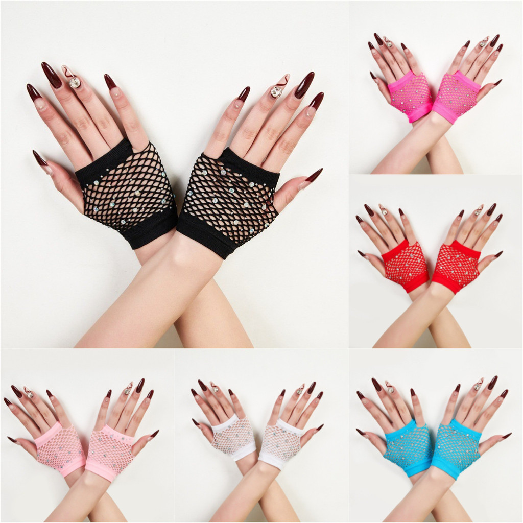 ถุงมือตาข่ายไม่มีปลายนิ้วดีไซน์หรูหราพร้อมคริสตัล Rhinestone สำหรับคอสเพลย์และการแสดงในคลับ