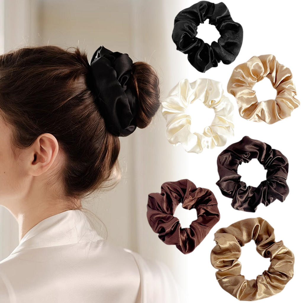 scrunchies oversize 6pcs ทำจากผ้าไหมซาติน สีทึบ ยืดหยุ่นสูง เหมาะสำหรับผู้หญิง
