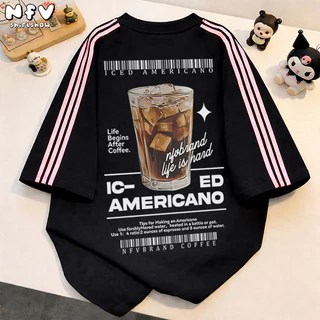 NFV แฟชั่นเกาหลี🍒เสื้อยืดแขนสั้นคอกลม ลายพิมพ์กาแฟ ระบายอากาศ ผ้าฝ้ายแท้ ใส่สบาย ทรงหลวม YG883