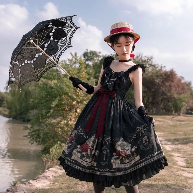 Lolita裙子全款现货夜莺与玫瑰哥特风暗黑系洛丽塔吊带连衣裙4.6Lolita Dress in Stock, Nightale and Rose Gothic Dark Style Lolita 