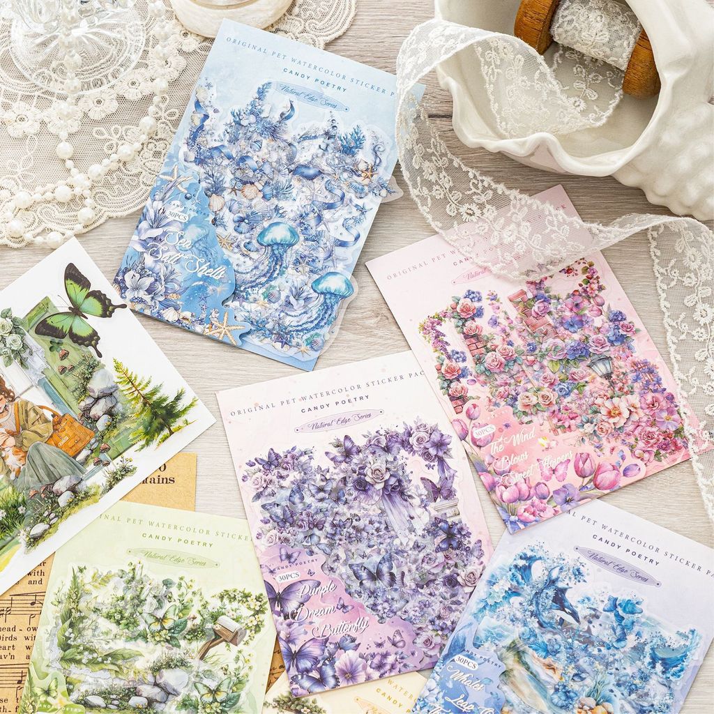 P PET Sticker Pack Natural Corner Series สีน้ําพืชดอกไม้คู่มือ DIY วัสดุตกแต่งสติกเกอร์ 30 แผ่น