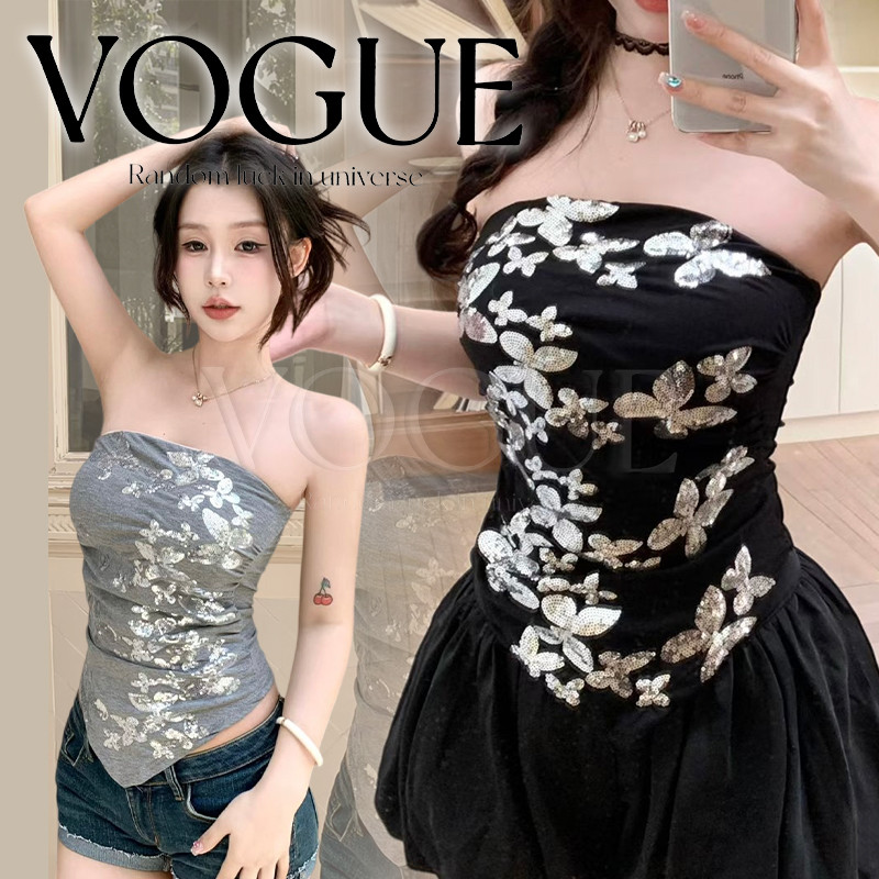 Vogue🌟พร้อมส่ง🌟 เกาะอก ลายผืเสื้อแวววาว มีฟองน้ำในตัว ดีเทลชายเหลี่ยม ใส่ปาร์ตี้  (FY2951)