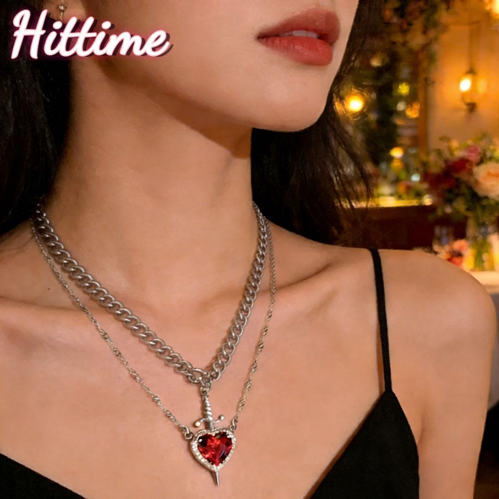 HITTIME ชุดเครื่องประดับสำหรับผู้หญิง สไตล์โกลติกปังก์ โรแมนติก เพทายคริสตัล พร้อมสร้อยคอ แหวน และสร