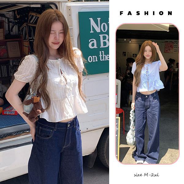 mimi&didi#เสื้อเชิ้ตแขนสั้นลายทางสีฟ้าหวานน่ารักสำหรับผู้หญิง แขนเสื้อพอง ทรงหลวมใส่สบายสำหรับไซส์ใหญ่ในฤดูร้อน#W715