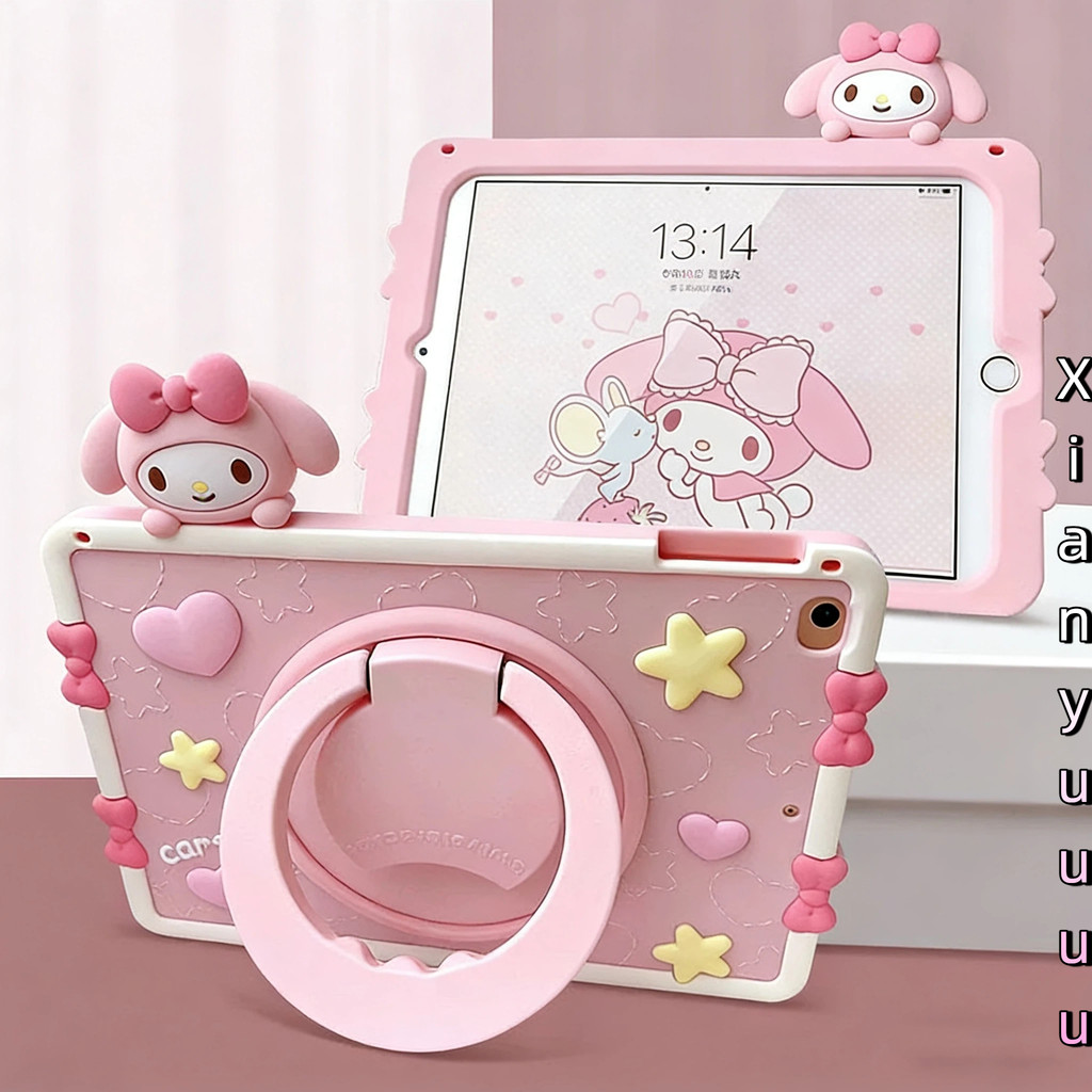 เมโลดี้สีชมพูน่ารัก360° Rotatable ขาตั้งซิลิโคนกันกระแทกสําหรับ Gen9 8th 7th 10.2" Air4/5 Pro 11 "M2 Air8 M4 Gen12 A16 Mini6/7 Mini4 IPad9.7 11th 12.9 นิ้ว Kawaii การ์ตูนเด็ก