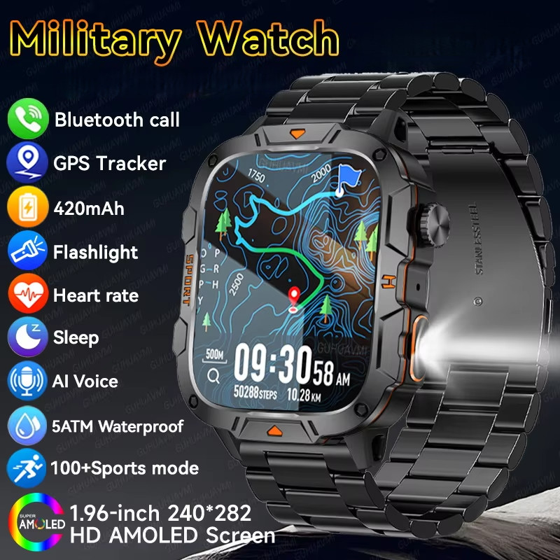 2026 กลางแจ้งทหาร SmartWatch GPS trackr 5ATM ไฟฉาย 1.96 "HD จอแสดงผลบลูทูธผู้ชายกีฬาฟิตเนส Smartwatc