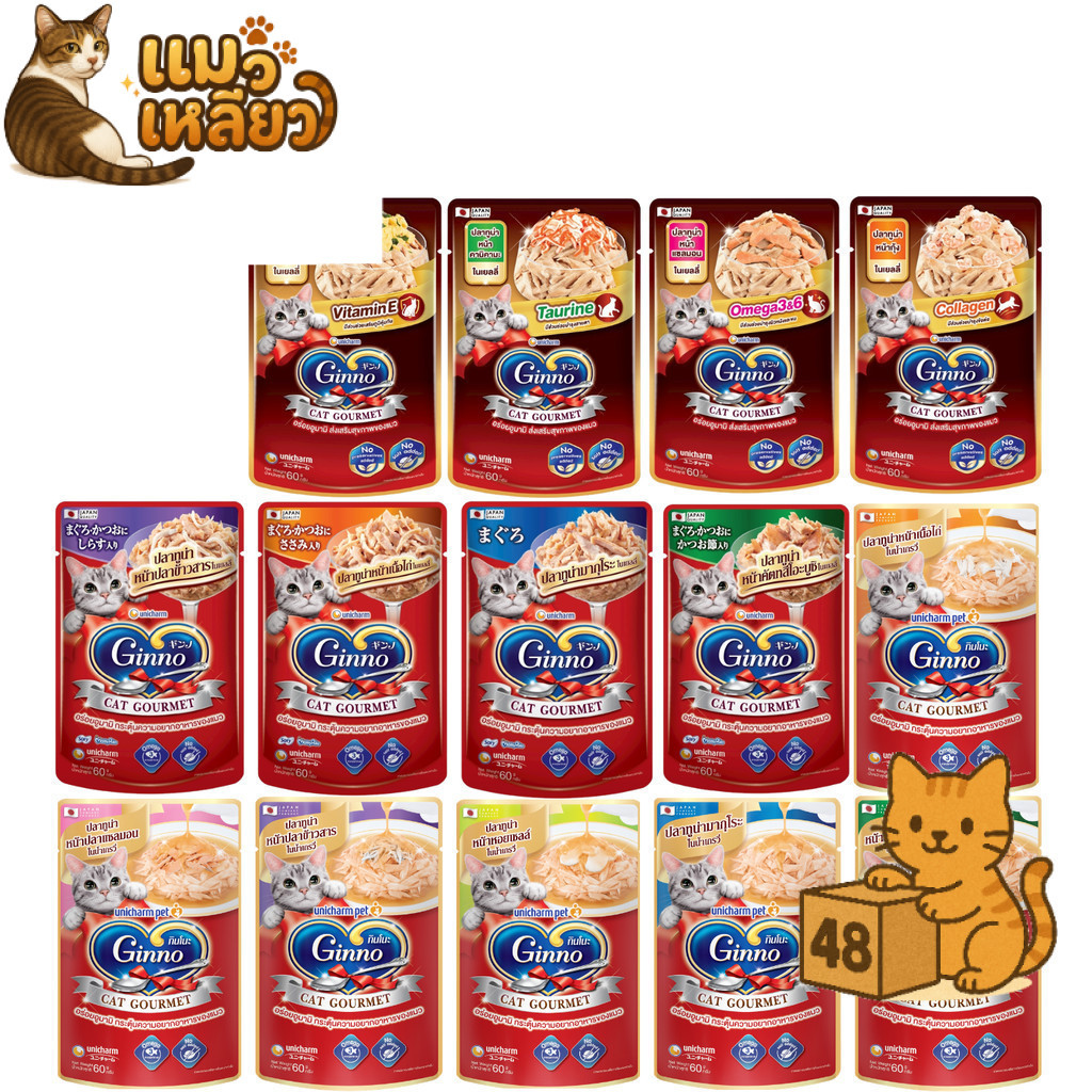 (ยกลัง 48 ซอง) Ginno Premium Wet Cat Food กินโนะ อาหารเปียกแมว ไม่เติมเกลือ เปียกแมว ขนาด 60g