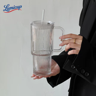 แก้วน้ำแก้วใสสไตล์วินเทจ 720ml มีหูจับ พร้อมฝา+หลอด แก้วกาแฟ/ชานม/น้ำผลไม้ ขนาดใหญ่ ทนร้อน-เย็น