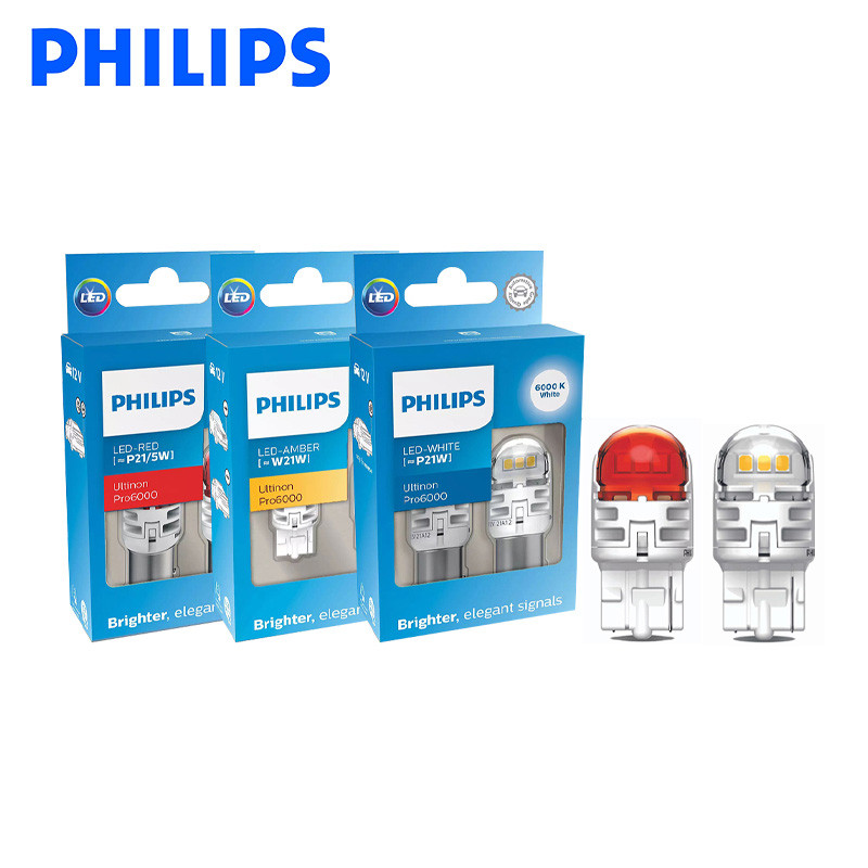 PHILIPS Ultinon Pro6000 LED T20 S25 T10 T15 C5W สีแดงสีขาว Amber Auto รถเลี้ยวสัญญาณหยุดโคมไฟ
