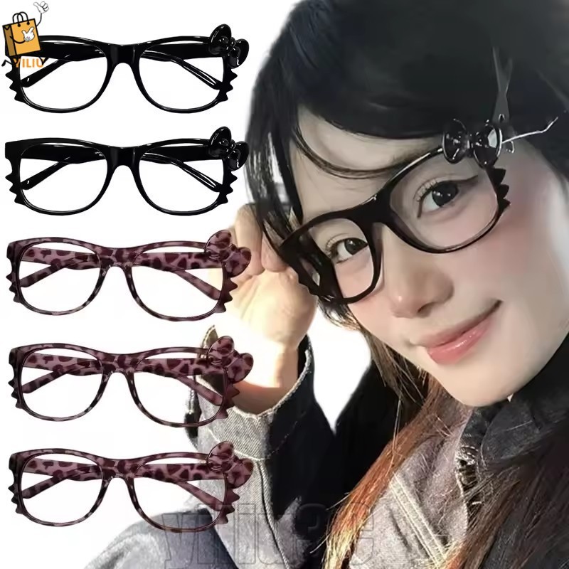[Prim] 2-1Pcs Vintage Pink Leopard Bowknot Glasses - Retro Frame Glasses - Y2K ลูกแมวแว่นตา - ไม่มีแ