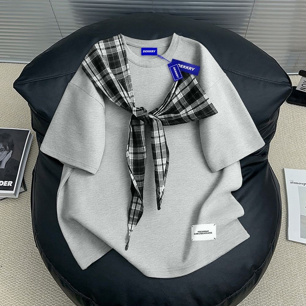 DEKKRY American High Street อินเทรนด์ผ้าคลุมไหล่ Laced-Up ลายสก๊อต High-End Pullover แขนสั้น T#DEKKR