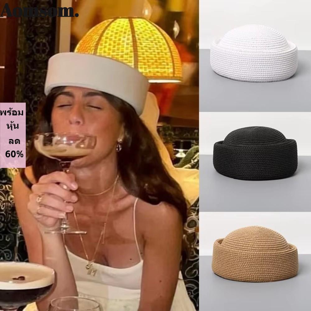 AOMSOM Handemad ฟาง Pillbox หมวก,วงกลมเว้าด้านบน Handmade ฟาง Beret หมวกกันแดด, Retro Breathable แบนฟาง Sun หมวกผู้หญิง Headwear