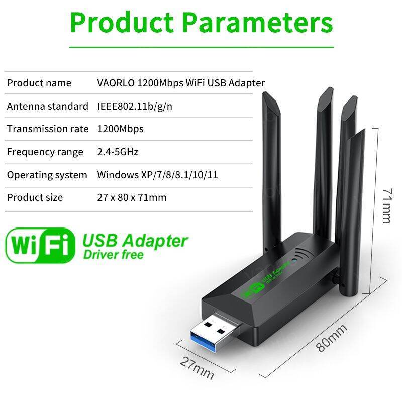 VAORLO 1200Mbps WiFi USB Adapter Dual Band 2.4G+5Ghz Wi-Fi Dongle 802.11AC USB3.0 ความเร็วสูงไร้สาย 