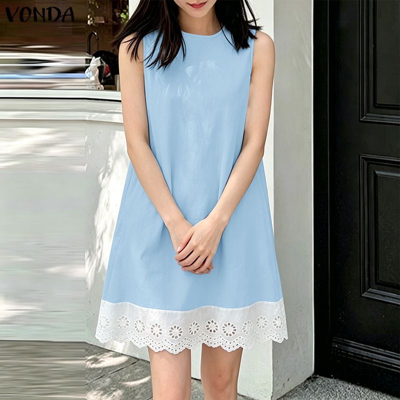 VONDA ผู้หญิงเกาหลีลําลองรอบคอปุ่มชุด Contrast Ruffle Trim Slim Fit สายแขนกุดทอชุด — صورة 6