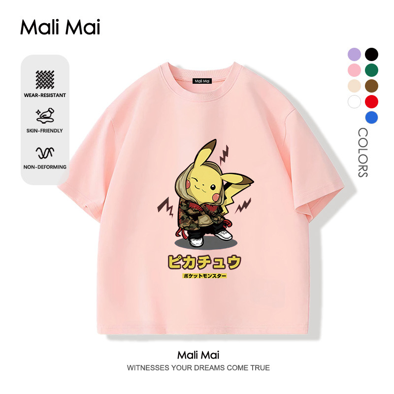 เสื้อยืดเด็กผู้หญิง แขนสั้น ระบายอากาศได้ ลายพิมพ์การ์ตูนน่ารัก Pokemon Pikachu (ส่งเร็ว จัดส่งจากไทย)