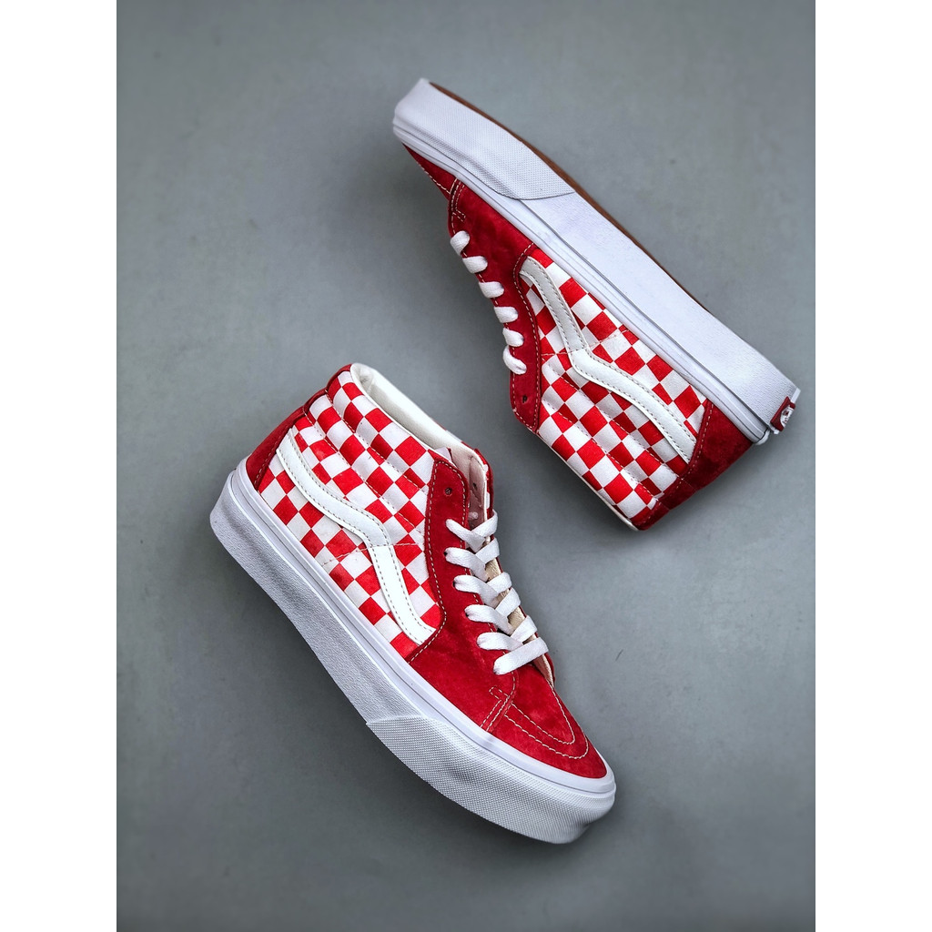 [ระดับสหาย] SK8-Hi Vault OG Low-Top Life Casual Flat Shoes Men Women Sports Shoes Red White Checkerb