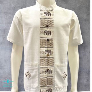 เสื้อผ้าฝ้ายพิมพ์ลายชาย-แขนสั้น สีขาว-ลายช้างใหม่