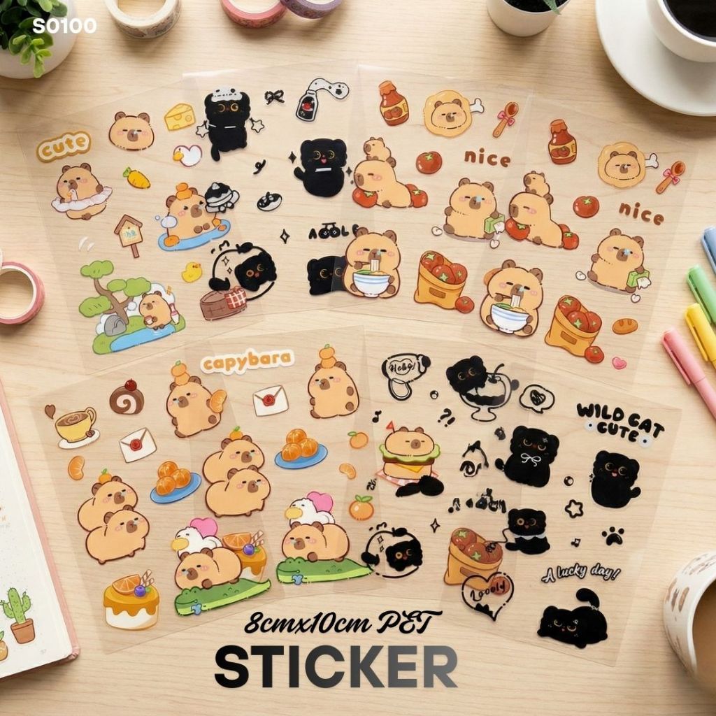 S0100 สติกเกอร์ PET กันน้ำ 8*10ซม. คาปิบาร่า แมวดำ ตกแต่งเคสมือถือ แพลนเนอร์ DIY ลายน่ารัก สีสดใส