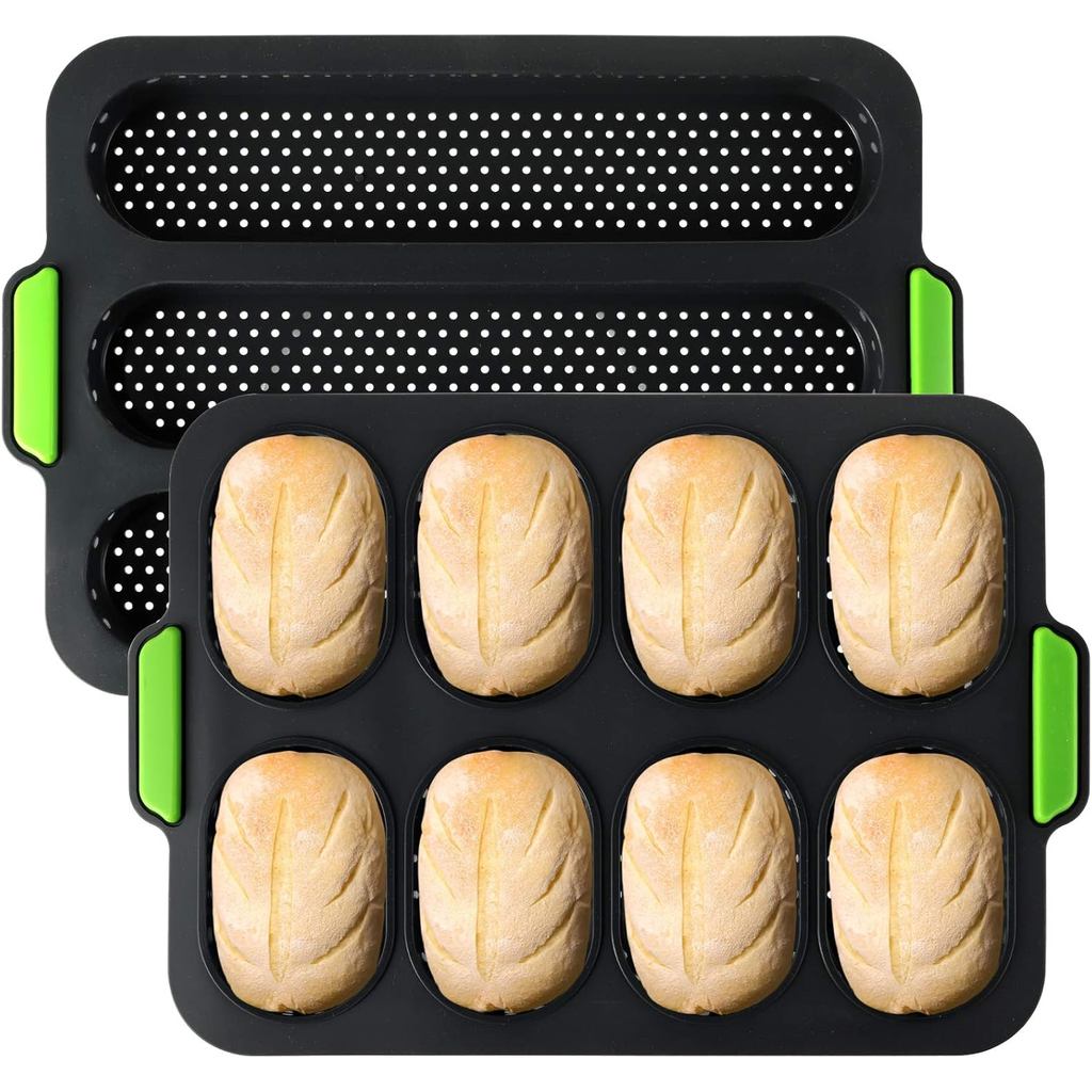 TOPZEA ชุด 2 ซิลิโคน Baguette Pan, Nonstick French Bread Bake Mold, 8 Gutter Perforated Ham Burger B