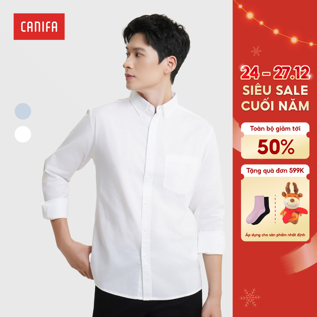 CANIFA เสื้อเชิ้ตแขนยาวผู้ชายคอปกเยอรมันพื้นฐาน 8TH25A003