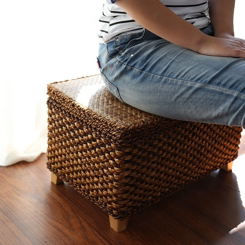 Pastoral rattan straw storage stool storage stool change shoe stool footrest sofa square stool organ