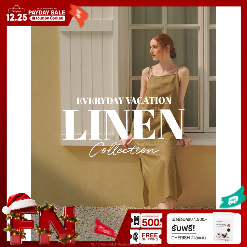 INCO WOMEN เดรสลินิน สายสปาเก็ตตี้ปรับระดับสายผูกได้ตามความชอบ เดรสยาวผ่าข้างทรงเอ ใส่สบาย