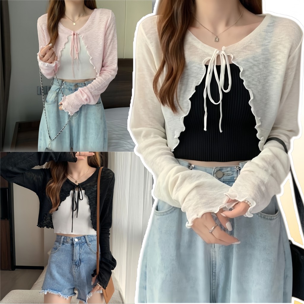OFF SHOP 🥻เสื้อคลุมซีทรูไหมพรม สีพื้น ปลายหยัก ในสไตล์หวานแสบ  เสื้อกันแดดแขนยาว บางอากาศ ใส่สบาย สำหรับชายหาด "Q605