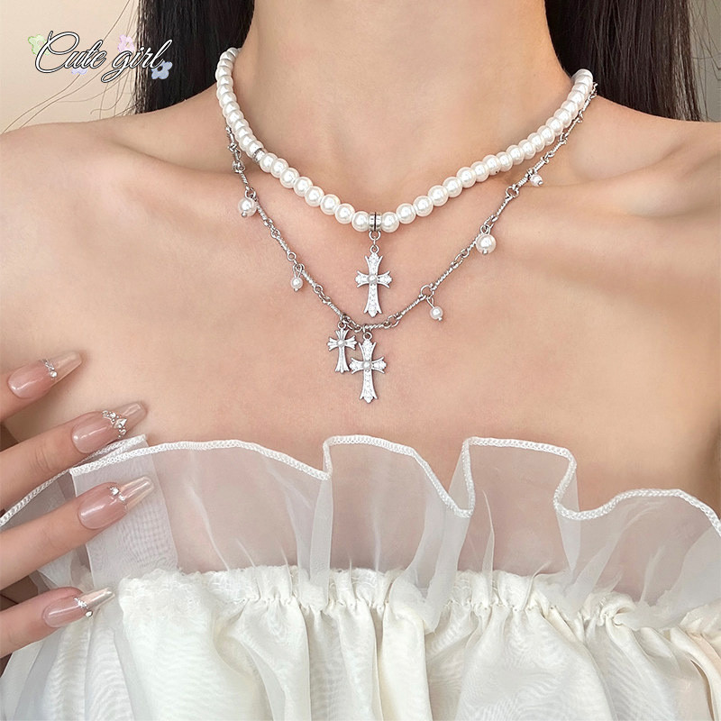 สร้อยคอ สร้อยไข่มุก ผู้หญิง จี้ cross สวย หวาน แฟชั่น ins หรูหรา ส่งเร็ว COD